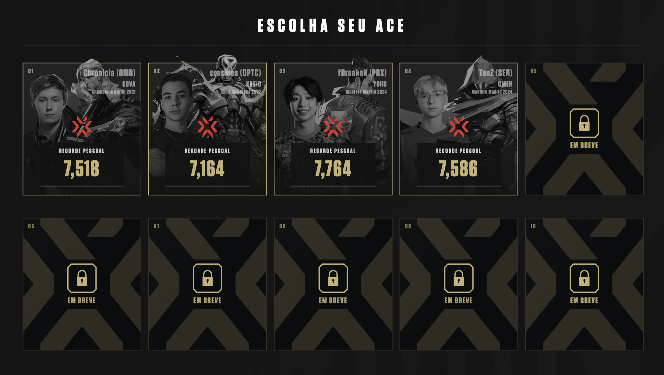 Interface do mini-game onde é possível selecionar qual jogador profissional você deseja rever o Ace e realizar o desafio, contém 6 slots bloqueados